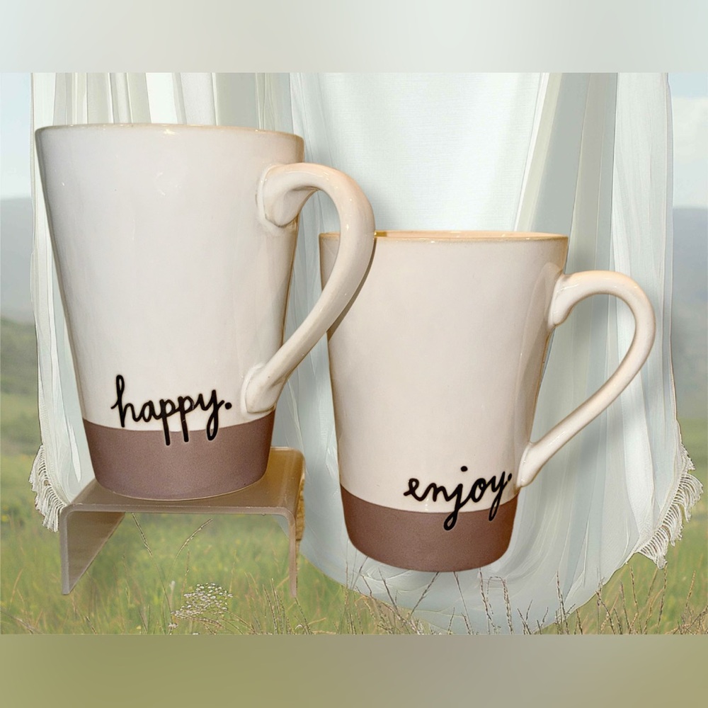 Rae Dunn White and Brown Mugs with Inspirational Text HAPPY ENJOY earth tones